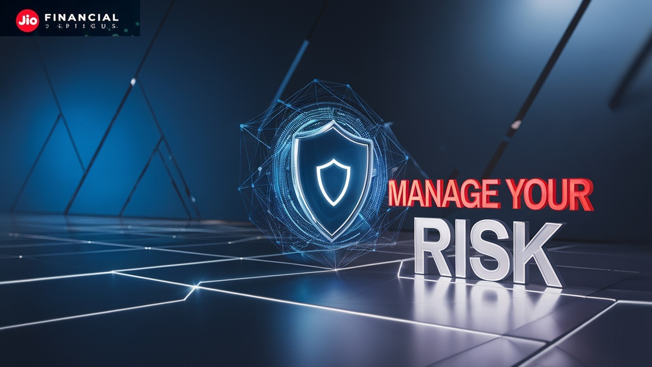 Digital chart and investment icons representing risk management for Jio Financial Services Share.
