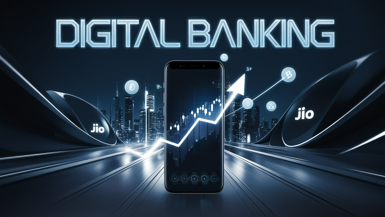 Futuristic digital banking graphic featuring Reliance Industries branding and icons representing Jio Financial Services Share's revolution in financial technology.